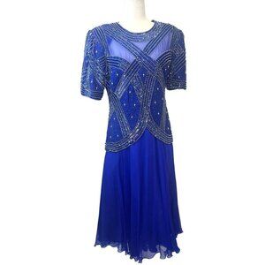 Laurence Kazar New York Sequined Silk Formal Evening Dress Blue NEW Ladies Large